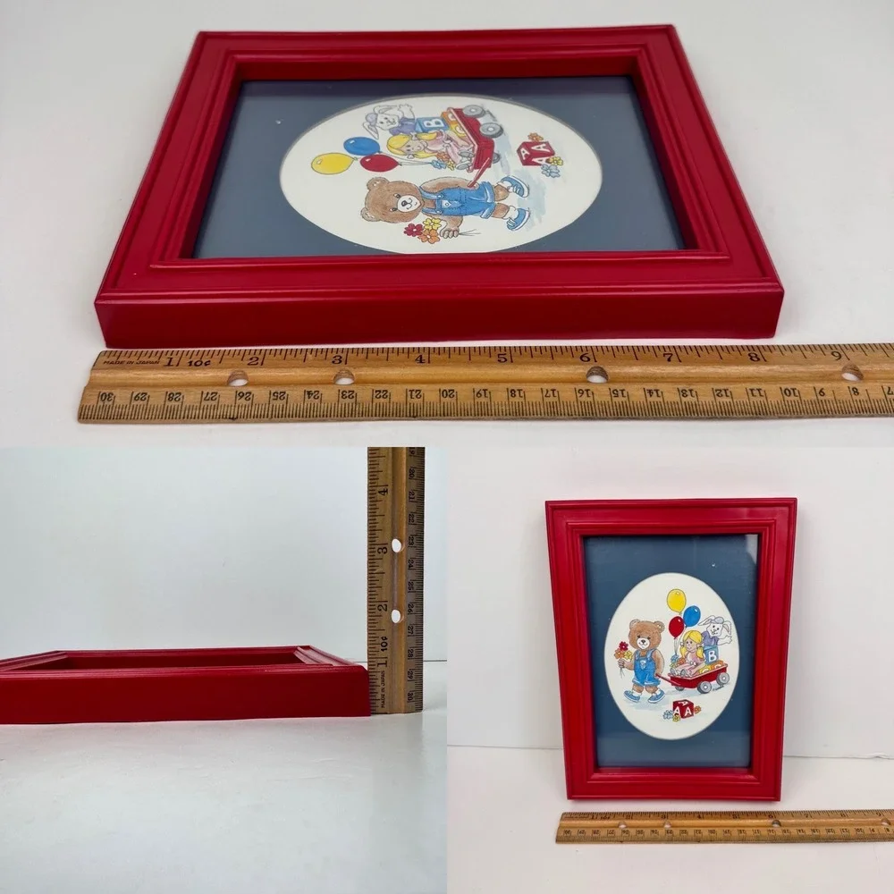 Vtg plastic red frame baby nursery teddy bear blocks balloons oval image READ